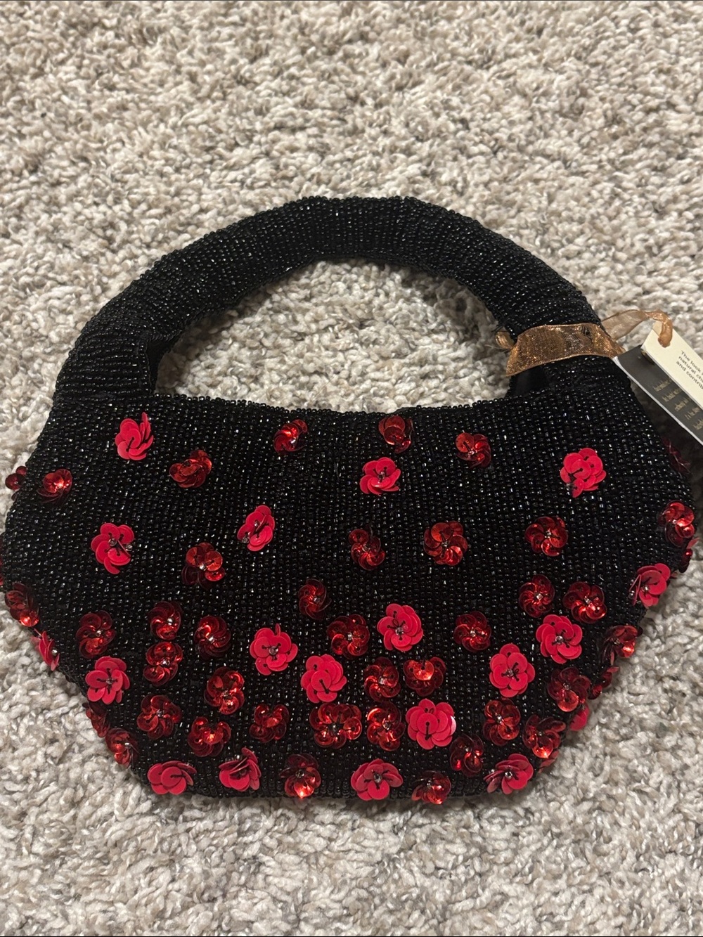 NWT From India To You Black Beaded Mini Bag with Red Sequin Flowers